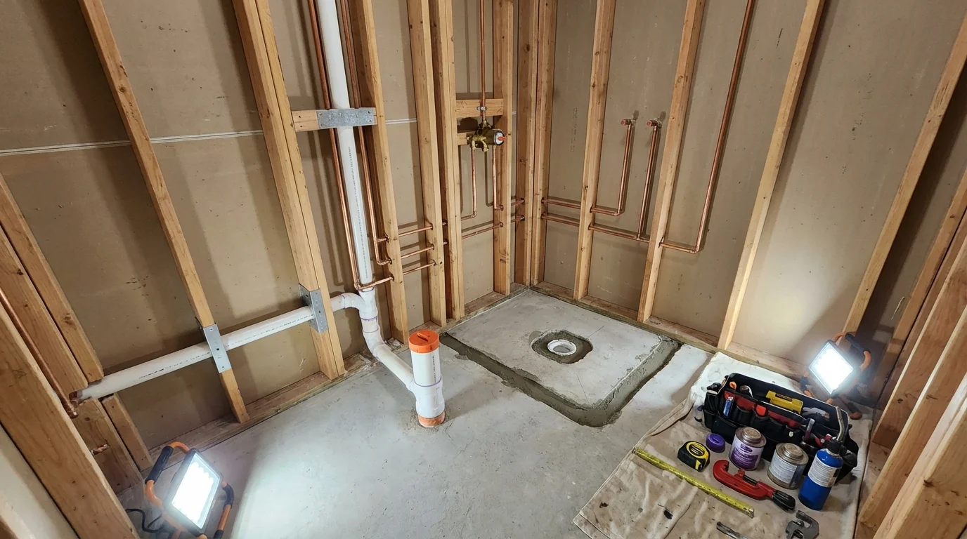 Bathroom rough-in plumbing during remodel by Johns Plumbing LLC in Lake Forest
