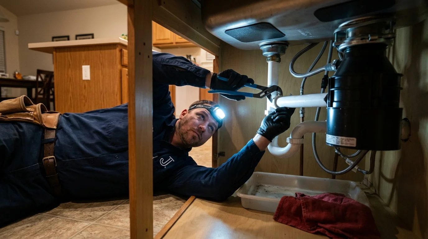 P-trap and supply line connections under a kitchen sink showing a common leak point in Lake Forest, IL